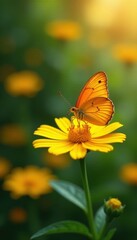 Obraz premium Spectacular orange butterfly on sunny yellow flower in lush garden , outdoor, plant