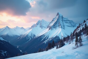 Fototapeta premium Stunning vista of snow-covered mountain range, dramatic sky , snow, wilderness, cliffs