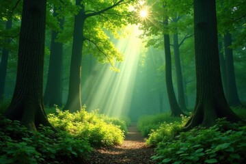 Obraz premium Sunbeams pierce emerald canopy, dappled light on forest floor, ethereal, royalty free, picture