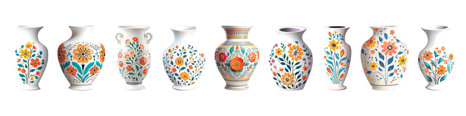 Set of ceramic vases with floral design isolated on transparent background.