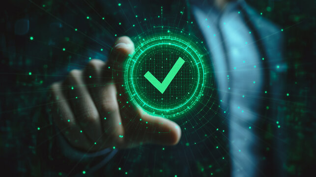 Online assessment concept with a person using a virtual checklist on a digital interface, highlighting digital evaluation and data collection in surveys and exams.