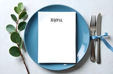 Minimalist menu mockup on blue plate with silver cutlery and eucalypt 