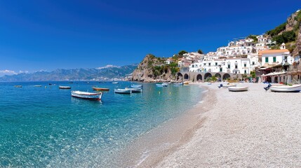 Obraz premium Coastal town beach, boats, sunny day, vacation, Mediterranean, picturesque, perfect
