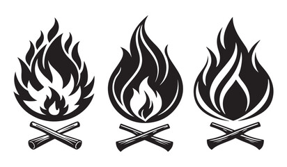 set of flame vector icons in black and white with fire symbols, stylized burning design elements for branding, heating, combustion, hazard warning, and graphic illustrations