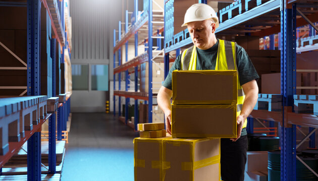 A warehouse worker wearing a hard hat and safety vest is handling cardboard boxes in a storage facility. Shelves filled with packages indicate an organized logistics operation.