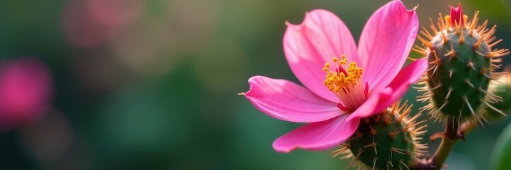 Fototapeta premium Vibrant pink blossoms unfurl, showcasing delicate petals against spiny green pads , desert plant, pink, cactus blossom