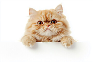 Persian cat peeks out from behind a white barrier. The cat breed is soft, graceful and a little capricious. Banner or poster. Copy space.