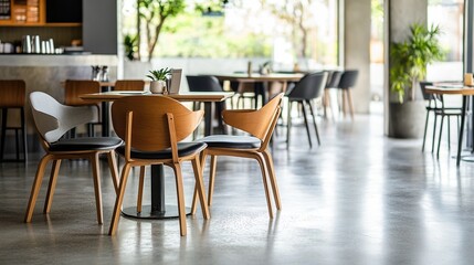 Fototapeta premium Cozy cafe and restaurant interior with wooden furniture and large windows