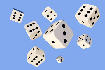 Several white dice with black dots are floating in mid-air against a blue background. The scene represents chance, randomness, and the concept of luck in gaming. 3d image