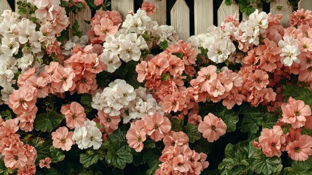 Colorful geranium flowers blooming against a wooden fence in a sunny garden setting during springtime