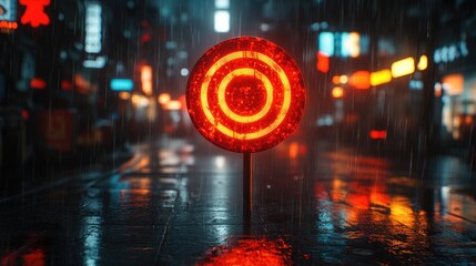 Fototapeta premium A glowing red traffic sign in a rainy urban setting, reflecting on wet pavement.