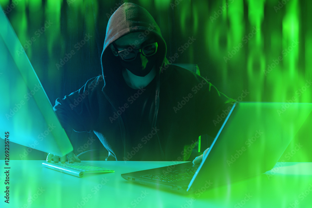 Poster man cyber criminal with computers. hacker hides face under mask and hood. cyber scammer with laptop 
