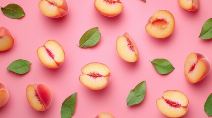 Soft pink background showcases a playful arrangement of peach halves, displaying their juicy interiors, accompanied by fresh green leaves for a refreshing touch