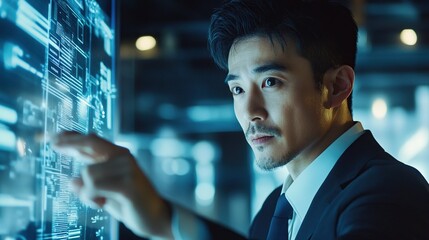 Confident businessman observes advanced and futuristic hologram interface