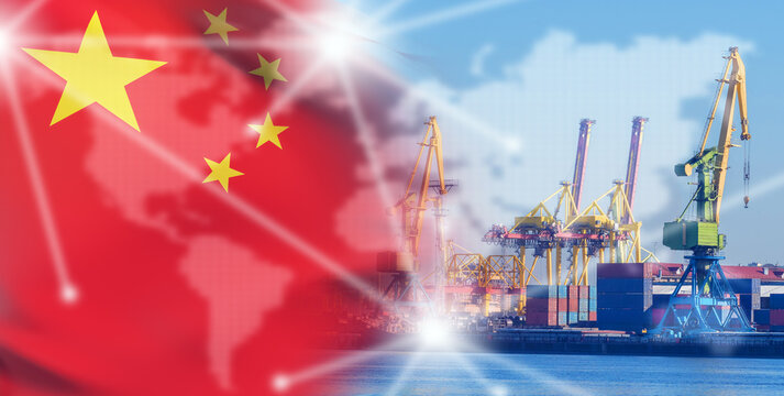 Chinese seaport. Cargo harbor with container ship. Chinese flag near port. Cranes for unloading ships with containers. Delivery of Chinese goods by sea at end. Sea logistics port in China - Powered by Adobe