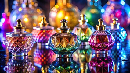 Hazy reflections enhance vibrant crystal perfume bottle mockups, creating a dreamy aesthetic.