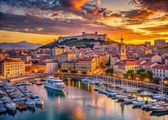 Fototapeta premium Stunning Panoramic View of Marseille's Harbor District at Sunset