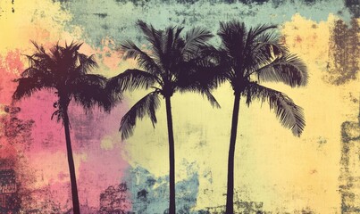 Tropical palm trees vibrant colorful grunge backdrop.