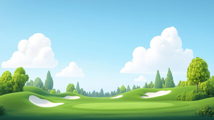 Sunny cartoon golf course with green hills, sand bunkers, and fluffy clouds in bright blue sky, cheerful and playful nature landscape concept