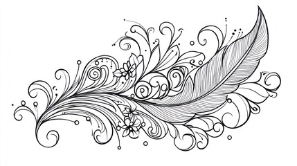 Fototapeta premium Ornate Feather Design, Decorative, Vector, Elegant, Line Art, Background, for Print, Posters, Cards, and Web use