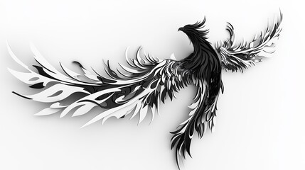 Obraz premium black and white illustration of a phoenix bird. The bird is in flight, with its wings spread wide and its head turned towards the right side of the image.