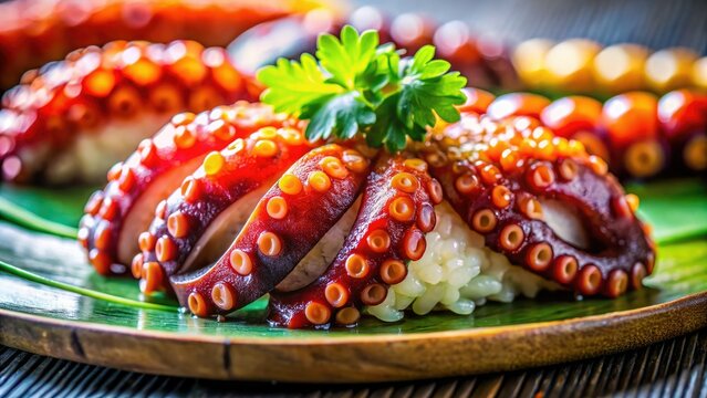 High-resolution close-up of glistening ika geso sushi, showcasing fresh octopus texture.