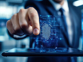 Businessman Scans Fingerprint on Tablet