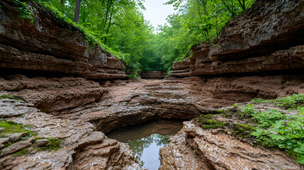 Obraz premium Canyon creek, lush forest, rock formations, nature exploration, travel photography
