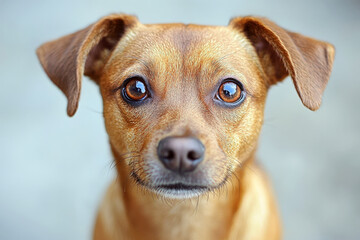 A small brown dog stares directly at the camera with a blurred background. Concept of curiosity and attentiveness. For pet adoption campaigns.