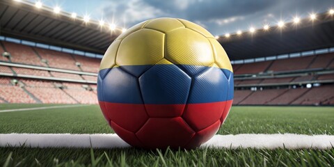 A vibrant soccer ball with the colors of Colombia resting on the lush green field of an empty stadium, ready for action.