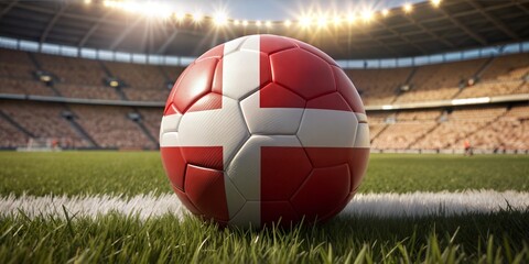 A close-up view of a soccer ball featuring Denmark's flag design, resting on lush green grass in an empty stadium.