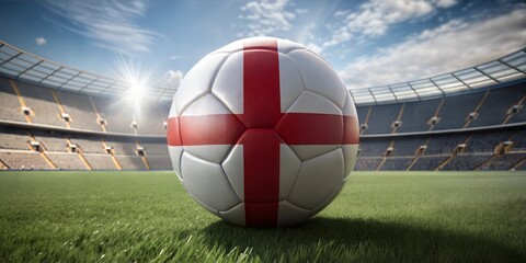 A vibrant soccer ball with the English flag design sits on a sunlit grassy field in a stadium.