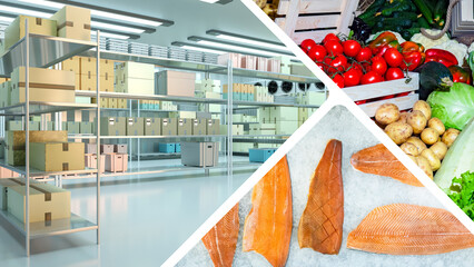 Refrigerated warehouse for food products. Fresh frozen fish on crushed ice. Cardboard boxes on shelves inside refrigerator. Industrial Refrigerated chamber. Vegetables near cold warehouse