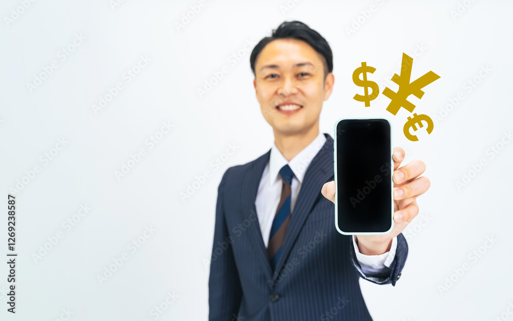 Poster スマホ、電子マネー、お金、料金、お得、キャッシュバック、決済、金融、FX、ビジネス、副業、利益、収益、ビジネスパーソン、ビジネスマン、円高、円安、ドル、ユーロ、外貨、為替、投資、資産運用、経済、FP、ファイナンシャルプランナー、越境EC、ショッピング、買い物、通販、通信販売、サイト、画面、ミドルエイジ、中年、男性、日本人、おじさん、スーツ、仕事、会社員、サラリーマン、銀行、支払い、広告、白バック、