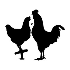 Black and white vector illustration of a majestic rooster and a hen. Perfect for tattoos, prints, farm-themed designs, nature lovers, and decorative art.
