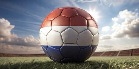 Close-up of a soccer ball featuring the Netherlands flag colors, set against a sunny stadium backdrop.