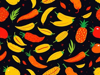 Vibrant Tropical Fruit and Chili Pepper Pattern