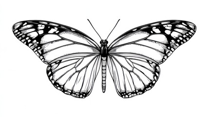 Monarch butterfly illustration, detailed black and white