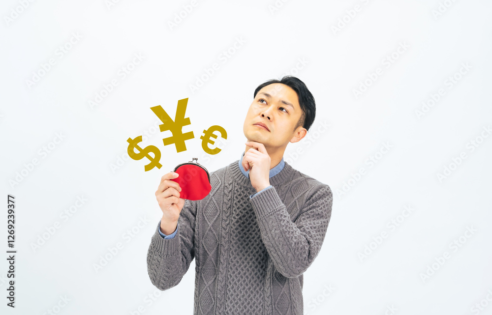 Aufkleber お金、マネー、貯金、男性、円安、円高、為替、外貨、FX、投資、資産運用、考える、疑問、財テク、お得、銀行、財布、ミドル、ミドルエイジ、中年、30代、40代、日本人、おじさん、カジュアル、普段着、私服、プライベート、パパ、お父さん、不安、心配、ローン、外為、ドル、ユーロ、海外旅行、ショッピング、買い物、越境EC、ビジネス、金融、経済、給料、基軸通貨、貨幣、FP、ETF、人物