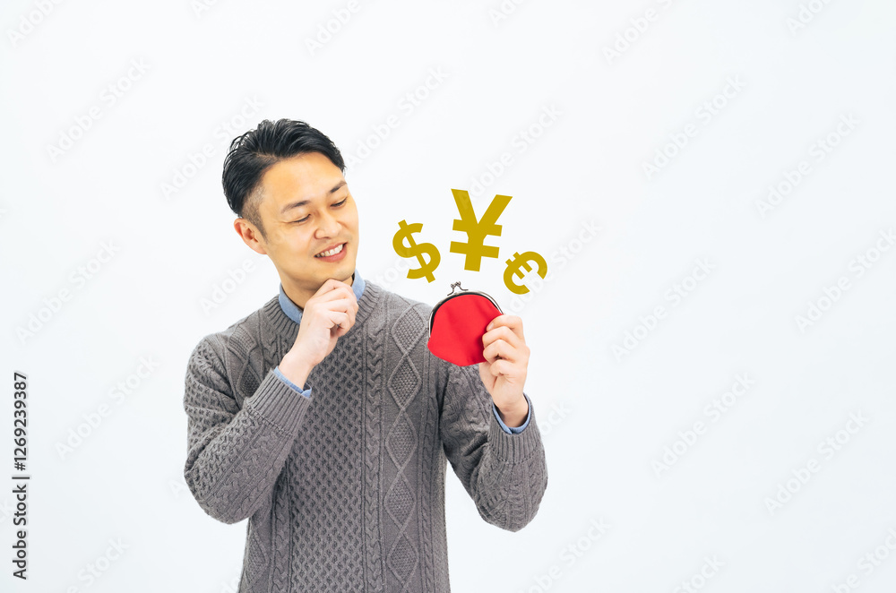 Poster お金、マネー、考える、財布、副業、男性、おトク、お得、貯金、お小遣い、給料、収入、年金、社会保険、ETF、米国株、配当、株式、銀行、外為、為替、円高、円安、ビジネス、越境EC、せどり、笑顔、嬉しい、期待、ミドル、ミドルエイジ、中年、30代、40代、日本人、フリーランス、稼ぐ、儲け、利益、賃上げ、財テク、貯蓄、現金、FX、白バック、家計、節約、ローン、投資、人物