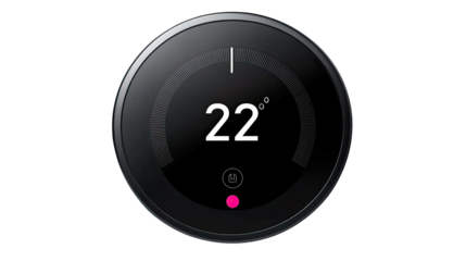 Smart Thermostat Display: A close-up shot of a sleek, black smart thermostat with a circular display, featuring a digital temperature reading of 22 degrees Celsius.