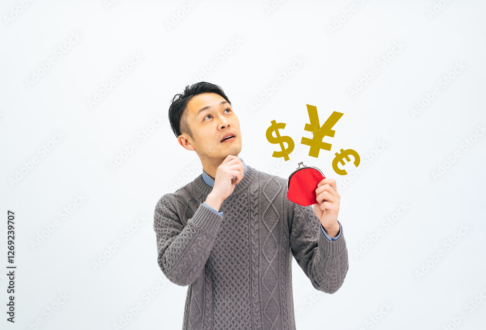 Poster お金、マネー、現金、金融、貯金、考える、疑問、投資、資産運用、外貨、ETF、S&P500、オルカン、オールカントリー、株式、FX、外為、期待、希望、給料、ミドル、ミドルエイジ、中年、30代、40代、男性、日本人、おじさん、カジュアル、プライベート、パパ、お父さん、銀行、副業、収入、利益、ビジネス、経済、円安、円高、為替、ドル、ユーロ、越境EC、ローン、財布、貯蓄、FIRE、セミリタイア、人物