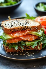 sandwich with avocado and red fish, Generative AI,