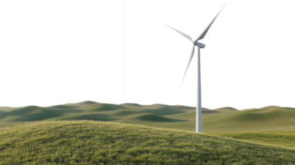 Eco-Friendly Energy: A solitary wind turbine gracefully spins atop rolling green hills, harnessing the power of the wind to generate clean and sustainable energy
