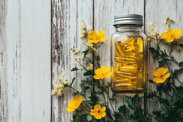 Glass Jar of Yellow Fish Oil Capsules Surrounded by Yellow Flowers on White Wooden Background