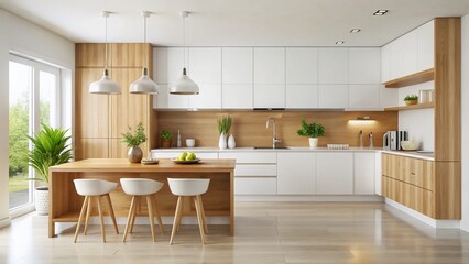 Stylish Beech Wooden Kitchen Cupboards in Bright White Kitchen Interior