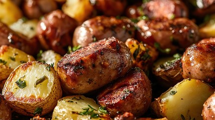 Grilled sausage with delicious boiled potatoes is ready to be served