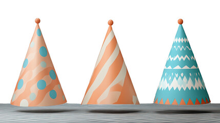 Obraz premium Party Hats: Trio of festive party hats with different patterns, casting playful shadows and inviting celebration, capturing the joy and anticipation of a special occasion.