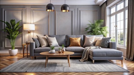 Stylish Gray Living Room Interior Design: Modern Sofa & Chic Decor