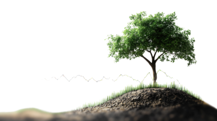 Growth and Sustainability: A solitary tree stands proudly atop a small mound of earth, its vibrant green foliage contrasting with the soil and suggesting themes of growth, sustainability.